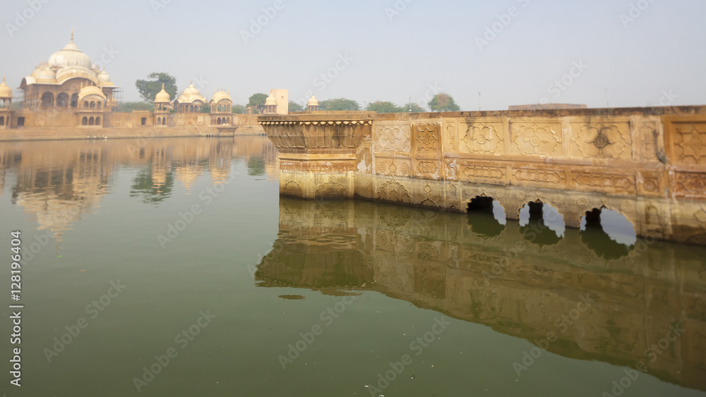 Kusum Sarovar Govardhan Mandir. This lake is one of the most visited places in Mathura. Next to it there are numerous temples and ashrams. Uttar Pradesh, India.