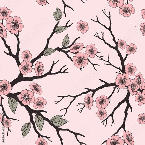 Vector seamless background with sakura blossoms and folliage. Black white eps outlined illustration.