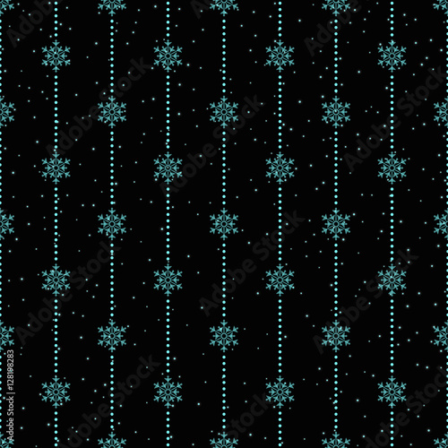 Seamless pattern with blue snowflakes and dots.