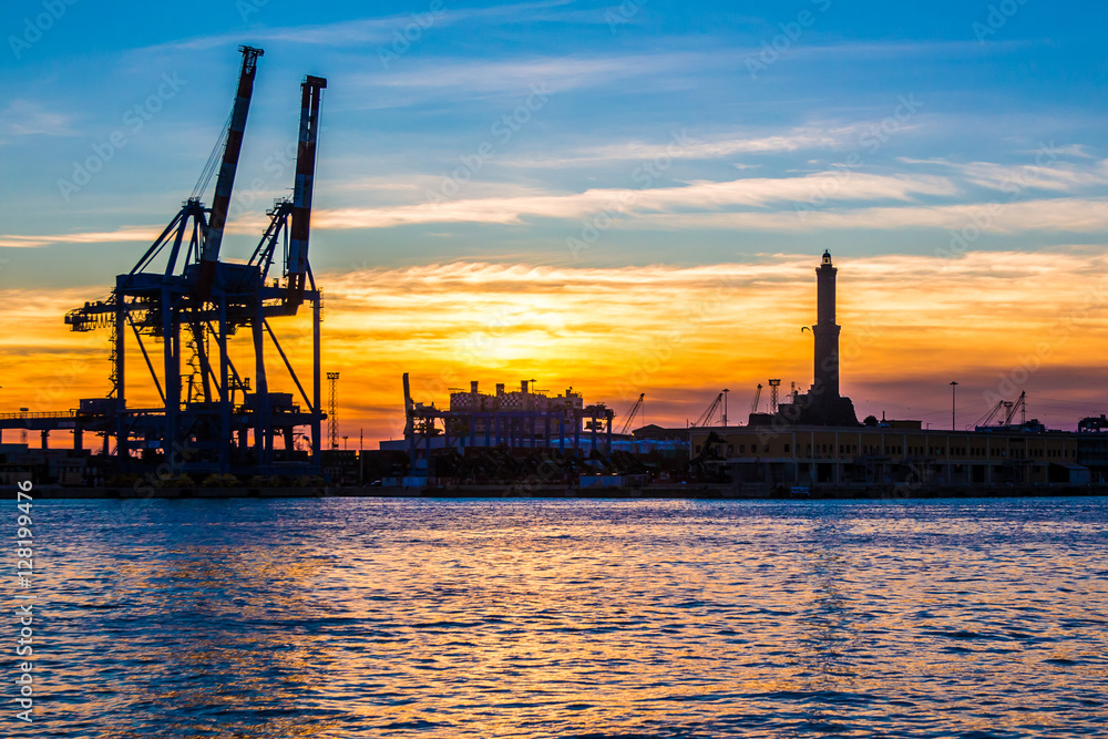 sunset at Genoa's port, silhouette of the Lanterna, Italy sunset at Genoa's port, silhouette of the Lanterna, Italy