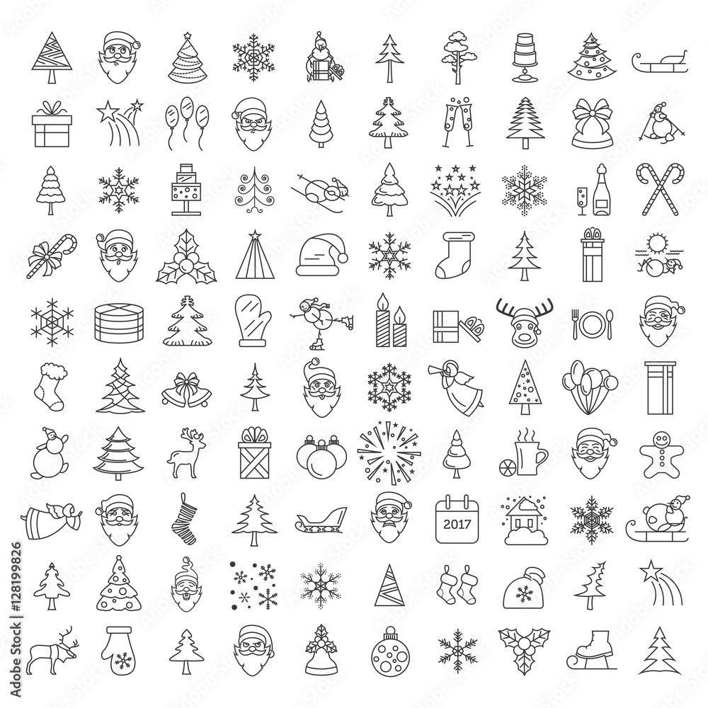Christmas, New Year holidays icon big set. Thin line version. Fl