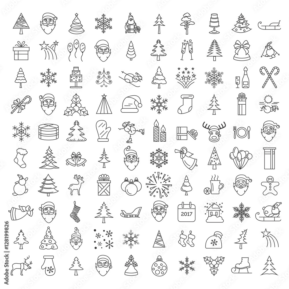 Christmas, New Year holidays icon big set. Thin line version. Fl Christmas, New Year holidays icon big set. Thin line version. Fl