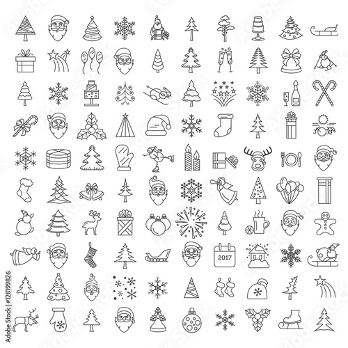 Christmas, New Year holidays icon big set. Thin line version. Fl