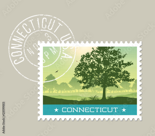  Connecticut postage stamp design. Detailed vector illustration of scenic countryside. Grunge postmark on separate layer