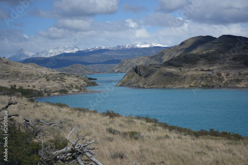 Landscape of volcano Glacier  and lake in Patagonia Chile