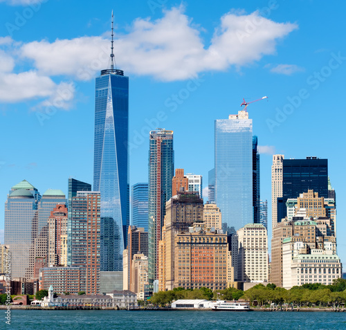 The skyline of lower Manhattan seen from the New York Harbor