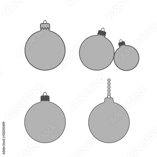 Christmas tree balls icons. Gray baubles decoration, isolated on white background. Symbol of Happy New Year, Xmas holiday celebration, winter. Flat design for card. Vector illustration