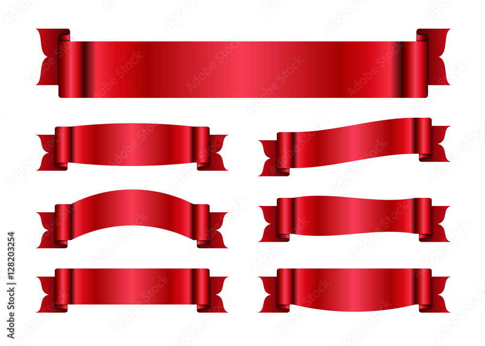 Red ribbons set. Satin blank banners collection. Design label scroll blanks element, isolated on white background. Empty template for greeting or advertising. Symbols decoration. Vector illustration. Red ribbons set. Satin blank banners collection. Design label scroll blanks element, isolated on white background. Empty template for greeting or advertising. Symbols decoration. Vector illustration.