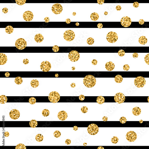 Gold polka dot on lines seamless pattern background. Golden foil confetti. Black and white stripes. Christmas glitter design decoration for card, wallpaper, wrapping, textile. Vector Illustration