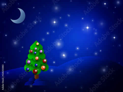 Shiny christmas tree in a dark night with moon and stars on the sky