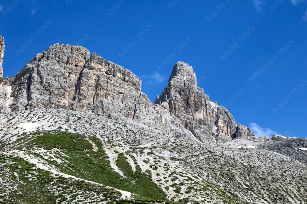 Along the walk Tre Cime di Laveredo trail, three of the most famous peaks of the Dolomites, in the Sesto Dolomites, Italy, Europe Along the walk Tre Cime di Laveredo trail, three of the most famous peaks of the Dolomites, in the Sesto Dolomites, Italy, Europe