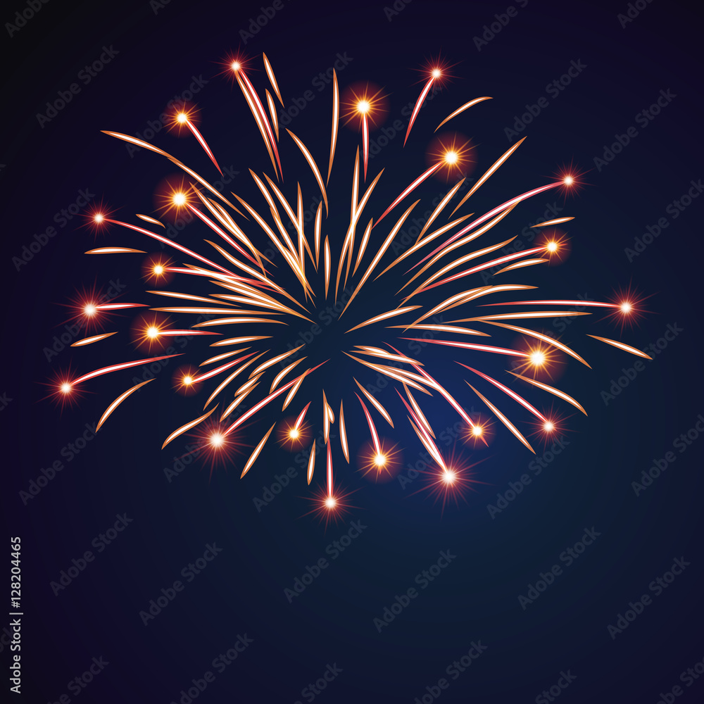 Fototapeta premium Firework bursting sparkle background. Isolated gold colorful night fire, beautiful explosion for celebration, holiday, Christmas, New Year, birthday. Symbol festive, anniversary Vector illustration