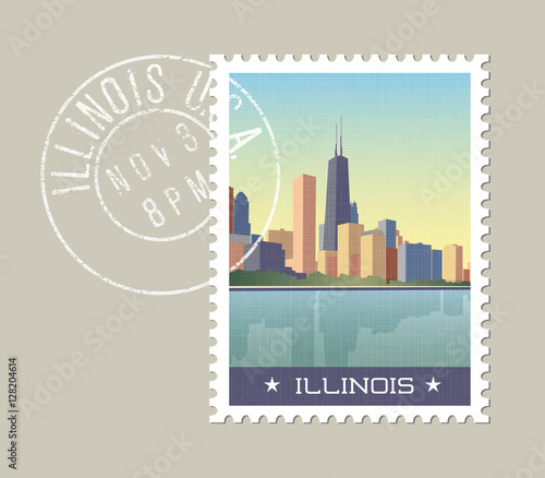 Illinois postage stamp design. Vector illustration of Chicago skyline on lake Michigan. Grunge postmark on separate layer