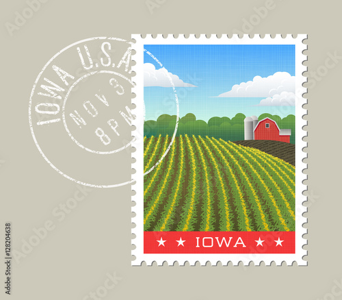 Iowa postage stamp design. Vector illustration of corn field and red barn. Grunge postmark on separate layer