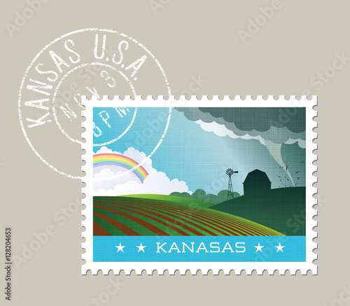 Kansas postage stamp design. Vector illustration of farm with tornado, storm and rainbow. Grunge postmark on separate layer