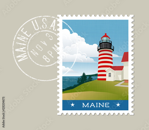 Maine postage stamp design. Vector illustration of lighthouse and Atlantic coast. Grunge postmark on separate layer