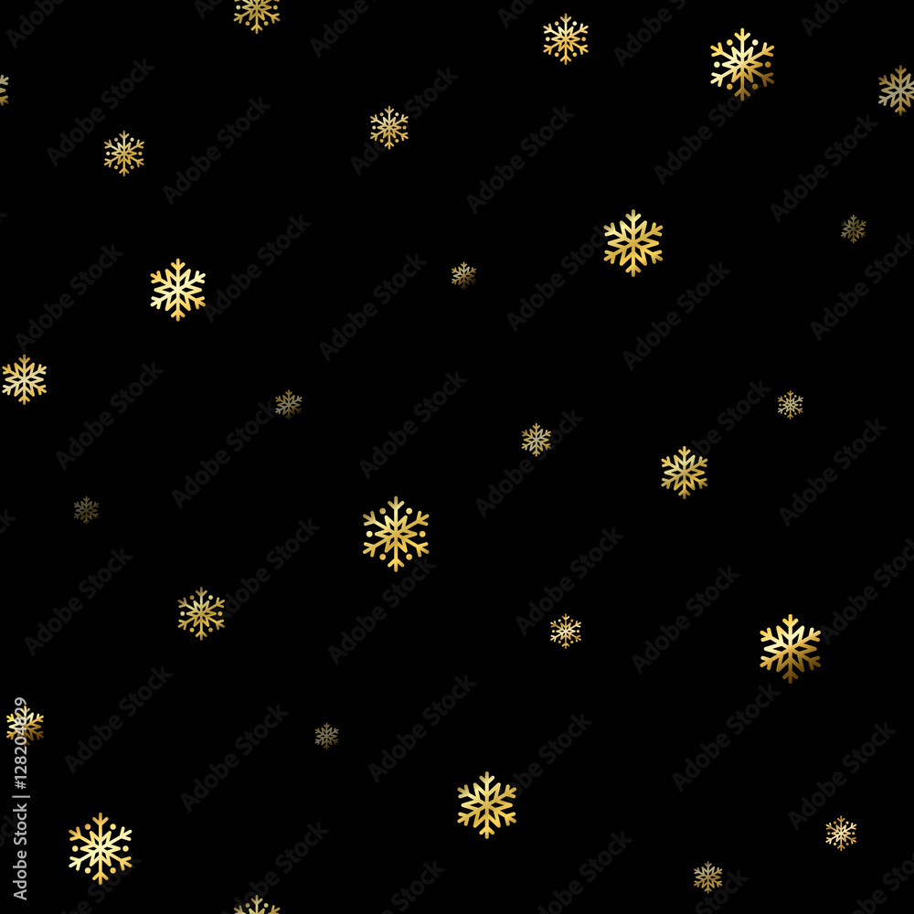 Christmas snowflake seamless pattern. Gold snow black background. Golden abstract wallpaper, wrapping texture. Symbol winter, Merry Xmas holiday, Happy New Year celebration. Vector illustration Christmas snowflake seamless pattern. Gold snow black background. Golden abstract wallpaper, wrapping texture. Symbol winter, Merry Xmas holiday, Happy New Year celebration. Vector illustration