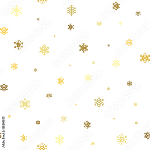 Christmas snowflake seamless pattern. Gold snow white background. Golden abstract wallpaper, wrapping texture. Symbol winter, Merry Xmas holiday, Happy New Year celebration. Vector illustration