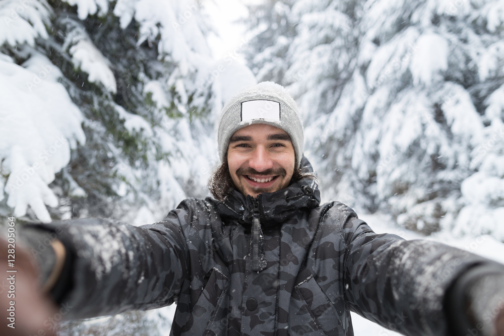 Young Man Smile Camera Taking Selfie Photo In Winter Snow Forest Guy Outdoors Walking White Park