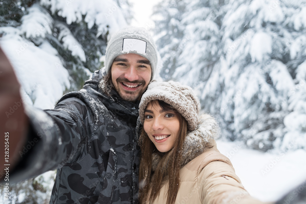 Man Taking Selfie Photo Young Romantic Couple Smile Snow Forest Outdoor Winter Pine Woods