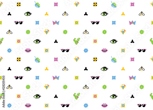 Wallpaper Mural Seamless trendy pattern with fashion elements. Black and white background. Design for fabric. Eye, Bee, crown, diamond, cactus and lips. Vector clip art. Eps 10 Torontodigital.ca