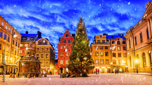 Stortorget square decorated to Christmas time at night, Stockhol