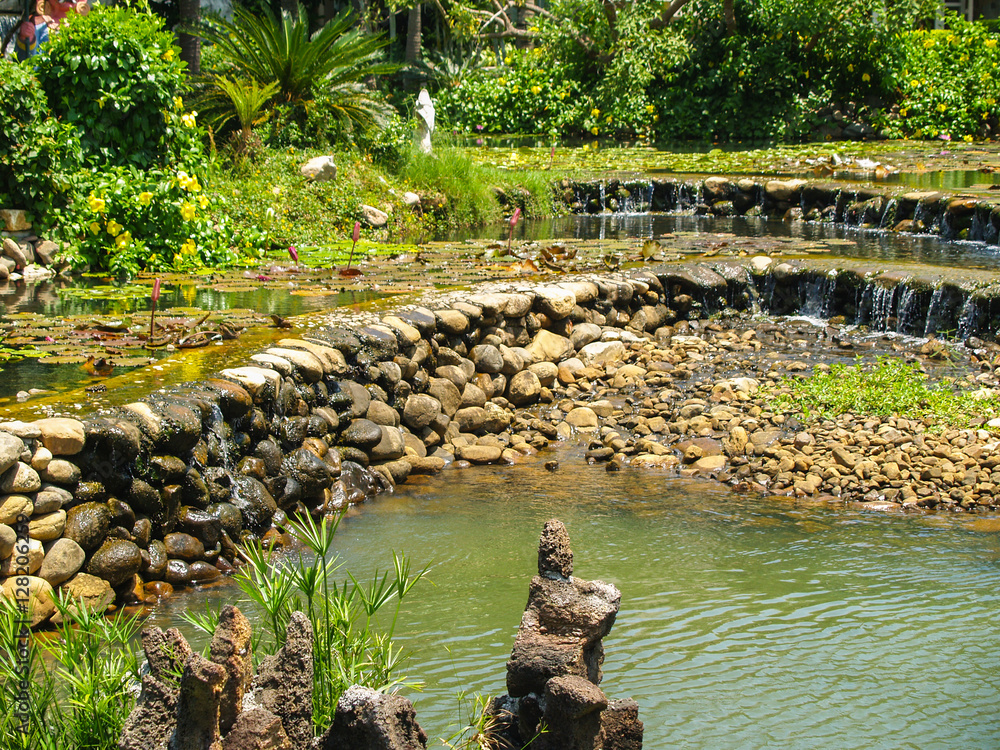 Beautiful artificial cascade lake with stone steps and water Lilies