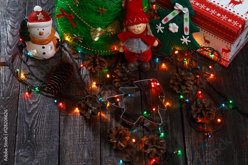 Christmas background with tree on wooden table