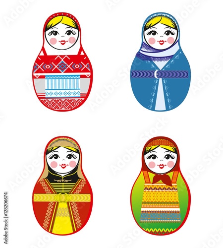 Nested dolls set. Matryoshka dolls with different traditional Russian ornaments. Isolated vector illustration. Eps 10