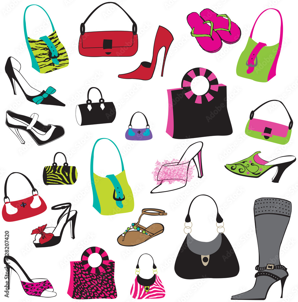 Colorful vector illustrations of fashion shoes and hand bags