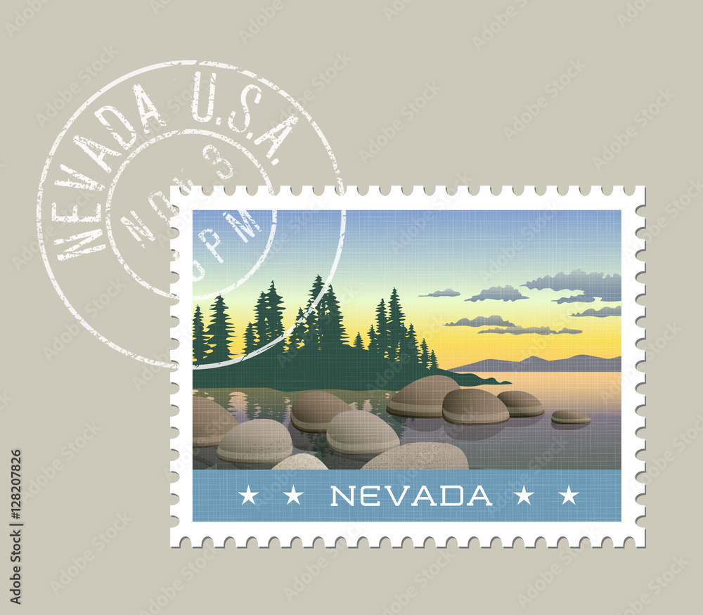 Obraz premium Nevada postage stamp design. Vector illustration of Lake Tahoe shoreline. Grunge postmark on separate layer