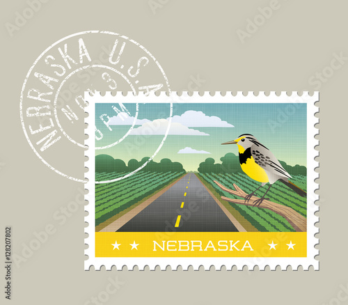 Nebraska postage stamp design. 
Vector illustration of scenic farmland and Meadowlark. Grunge postmark on separate layer