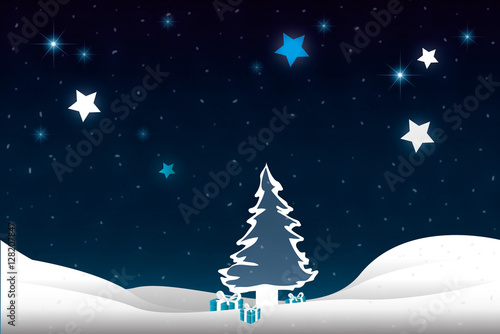 Vecteur, Illustration, noël, vacances, conception, noël, neige, étoiles, nuit, carte, cadeaux, sapin 