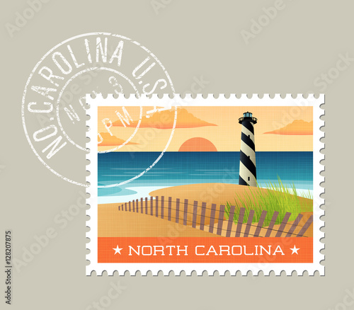 North Carolina postage stamp design. 
Vector illustration of lighthouse on the outer banks. Grunge postmark on separate layer