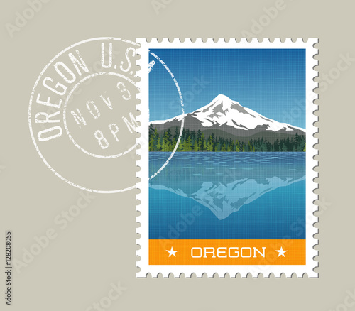 Oregon, postage stamp design. 
Vector illustration of Mt. Hood behind lake with reflection. Grunge postmark on separate layer