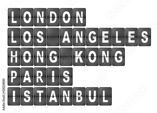 Flughafen Anzeige Buchstaben London, Los Angeles, Hong Kong, Paris, Istanbul