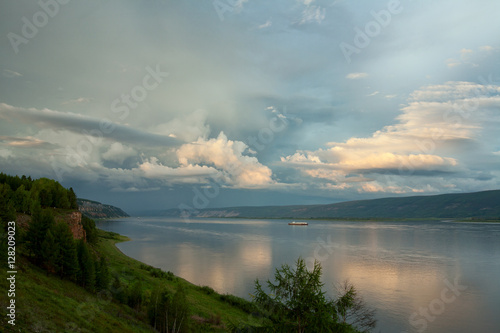 Beautiful clouds over a large river. Lena river. Yakutia. Russia.