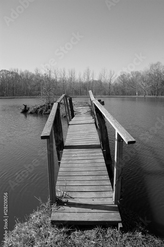 Black and White Photo of Wooden Bridge to Small Island in a Lake