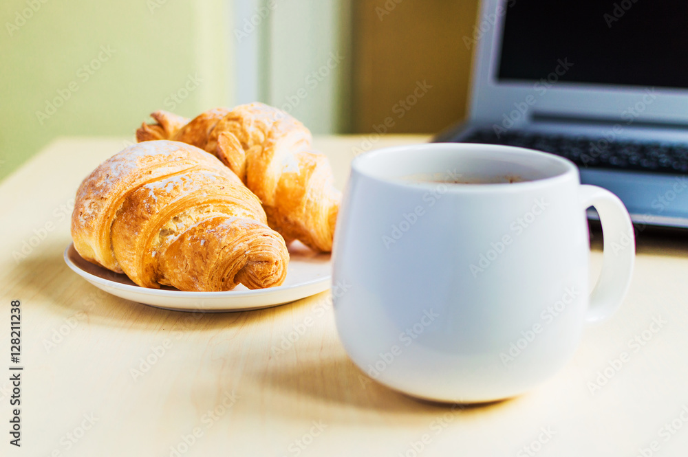 Working time, coffee break with croissant Working time, coffee break with croissant