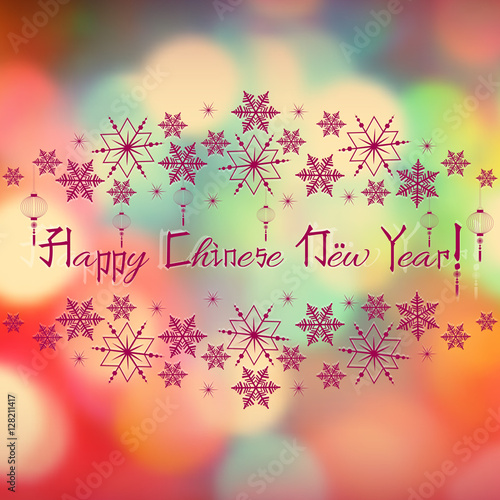 Greeting postcard wth snowflakes and sky lanterns for Chinese New Year on blurred colorful background with bokeh effect. Vector illustration
