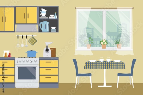 Kitchen in beige color. There is a yellow furniture, a stove, a meat grinder, a table, two blue chairs and other objects in the picture. Vector flat illustration