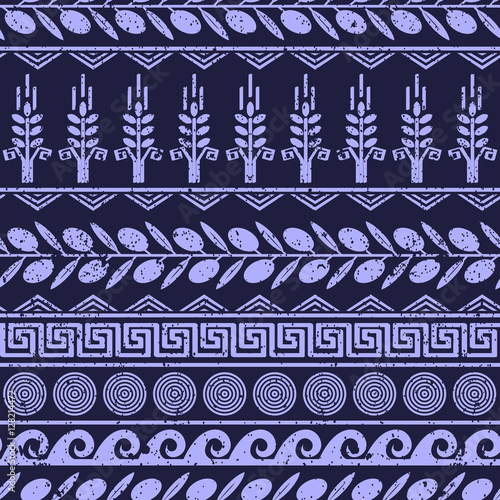 Seamless pattern with olives, wheat, and greek symbols.