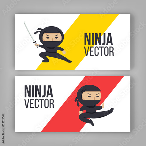 Set of ninja characters showing different actions. Serious ninja with sword. Flat style vector banner.