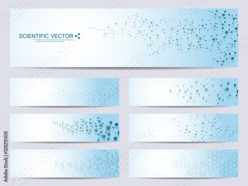 Set of modern scientific banners. Molecule structure DNA and neurons. Abstract background. Medicine, science, technology. Vector illustration for your design.