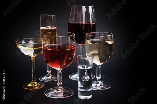 Alcoholic drinks in different glasses