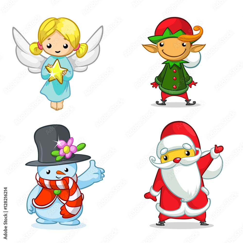 Christmas cartoon characters set. Vector illustration of Christmass angel,  elf, snowman and Santa Claus Stock Vector | Adobe Stock