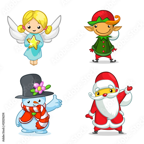Christmas cartoon characters set. Vector illustration of Christmass angel, elf, snowman and Santa Claus