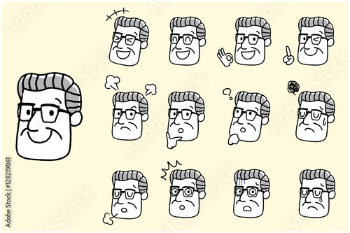 シニア男性：顔、表情、セット
