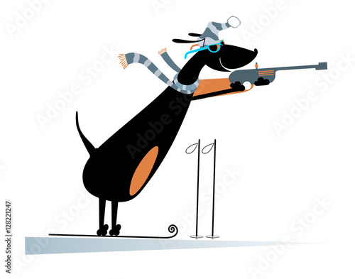 Cartoon dachshund biathlon competitor is shooting to the target