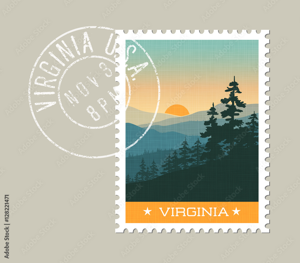 Obraz premium Virginia, postage stamp design. Vector illustration of scenic Smoky Mountains. Grunge postmark on separate layer